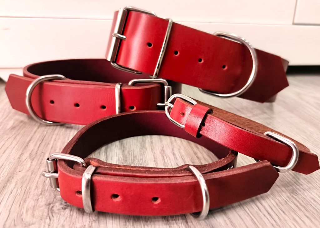 venta de producto para perros y gatos, collar de cuero, color cereza, artesanal, imagen de repiki shop